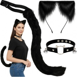 Set d’accessoires chat/renard/loup RUHHY – costume noir 3 pièces avec queue, oreilles et choker
