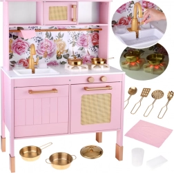 Cuisine pour enfants en bois rose avec brûleurs lumineux et accessoires dorés