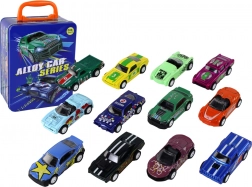 Set de petites voitures métalliques 1:64 à propulsion friction – 12 pièces dans une valisette en métal