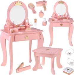 Coiffeuse royale en bois avec miroir, tabouret et accessoires pour enfants
