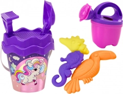 Set de plage pour enfants avec licorne – seau, pelle, râteau, arrosoir et moules (violet)