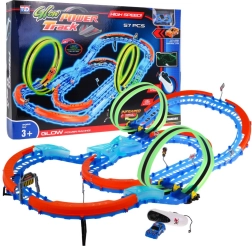 Piste de course fluorescente + petite voiture LED + loopings 360 + piste pliable - 57 pièces