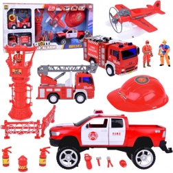 Grand ensemble de véhicules de pompiers avec casque