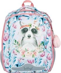 Cartable d'école avec raton laveur et motif floral