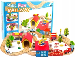 Circuit de train en bois avec voitures et accessoires