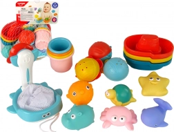 Set de bain d’animaux marins avec épuisette et bateaux, 17 pièces