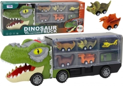 Camion dinosaure avec remorque porte-voitures et 6 véhicules avec lumières et sons – vert