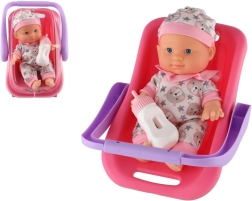 Poupée bébé dans porte-bébé avec biberon 22 cm