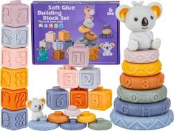 Cubes sensoriels en silicone souple et tour à empiler avec chiffres et formes, avec koala