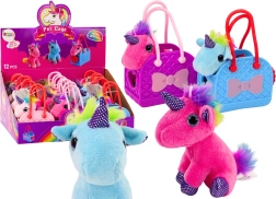 Licorne en peluche avec crinière colorée dans un sac en caoutchouc