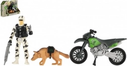 Set d’action militaire avec moto, soldat et chien