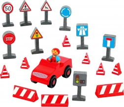 Jeujura figurines en bois conducteur avec petite voiture et panneaux de signalisation