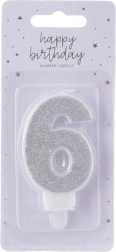 Bougie d’anniversaire argentée chiffre 6, 7 cm
