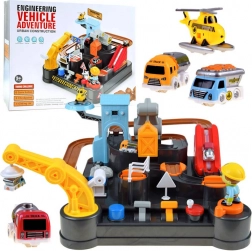 Piste de construction mécanique avec petites voitures et hélicoptère