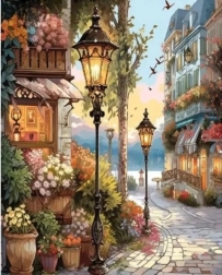 Mosaïque diamant - Rue fleurie avec lampadaires