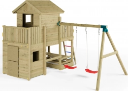 Aire de jeux de jardin en bois FUNGOO Multifort KDI avec toboggan et mur d’escalade