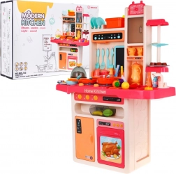 Cuisine pour enfants avec robinet d’eau et brûleur à vapeur, panneau audio, 65 pièces – Rose
