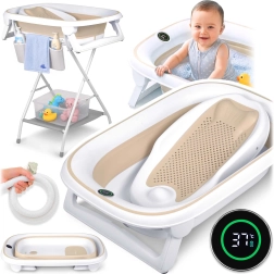 Nukido baignoire pliable pour enfants avec support, thermomètre et insert pour nouveau-né – Blanc-beige