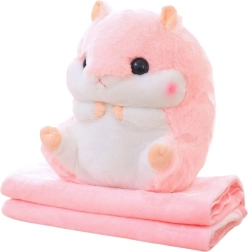 Hamster en peluche 3-en-1 avec couverture et chauffe-mains, rose