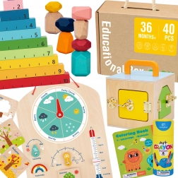 Tooky Toy coffret éducatif Montessori 6-en-1 : boîte à verrous, pierres d’équilibre, tableau météo, comptage 1–10, coloriages et petit livre