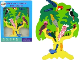 Puzzle en bois en forme d’arbre avec perroquets