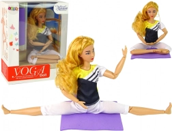 Poupée de yoga articulée avec de longs cheveux blonds et un tapis