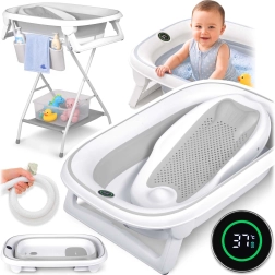 Nukido baignoire pliable pour enfants avec support, thermomètre et insert pour nouveau-né – Blanc-gris