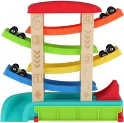 Piste de course en cascade pour petites voitures avec 4 véhicules, bois et plastique, 33 × 32 × 10 cm