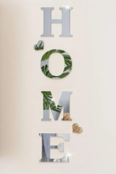 Autocollants muraux brillants HOME – lettres 3D en acrylique argenté avec petits cœurs