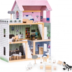 Maison de poupées en bois 3 étages avec terrasse et ensemble de 15 meubles ECOTOYS