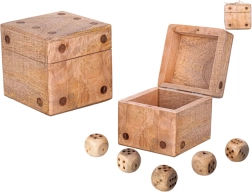 Cube en bois de manguier avec boîte de rangement et set de 5 dés