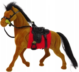 Figurine veloutée de cheval brun avec tapis de selle rouge