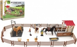 Enclos pour chevaux avec clôture, soigneurs et 2 chevaux – set en plastique avec accessoires