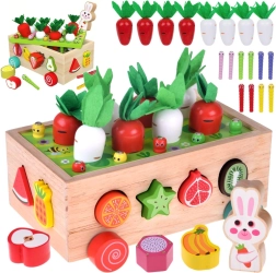 Chariot de jardin Montessori en bois avec récolte de carottes, formes et petits vers magnétiques
