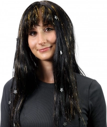 Perruque aux cheveux noirs ornée de bandes dorées et d’étoiles