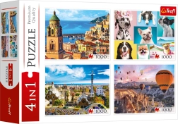 Trefl Puzzle 4x1000 Pièces - Amalfi, Portraits de Chiens, Montgolfières au-dessus de la Cappadoce et Parc Güell