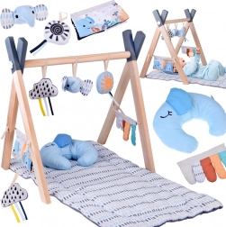 Arche de jeux en bois avec tapis éducatif et jouets suspendus pour bébés