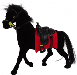 figurine en velours d’un cheval noir avec tapis de selle rouge et selle