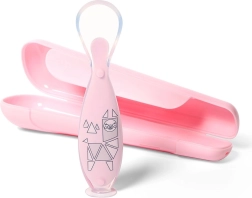 Cuillère pour bébé en silicone avec ventouse et étui rose BABYONO
