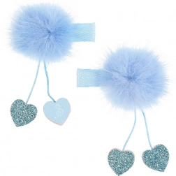 Barrettes pour cheveux avec pompon et petits cœurs bleues