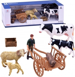 Set de figurines ferme – vache, veau, bélier, brebis et fermier avec enclos pour animaux – C