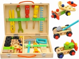 Outils et blocs de construction en bois dans une mallette