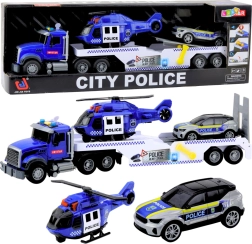Camion de transport de police avec hélicoptère et SUV avec lumières et sons