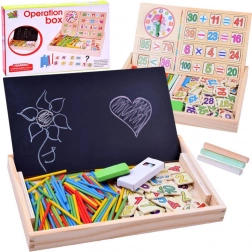 coffret éducatif en bois avec tableau de mathématiques