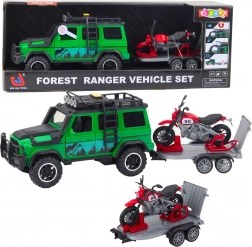 Voiture tout-terrain avec remorque et moto avec lumières et sons – vert