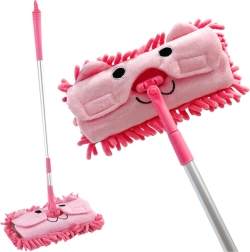 Mop pour enfant avec manche télescopique motif animal rose