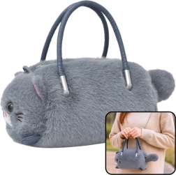 Sac en peluche en forme de chat, gris avec poignées et chaîne