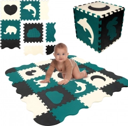 Humbi tapis de jeu et parc en mousse 3-en-1, 120 × 120 cm, animaux, noir/crème/vert foncé
