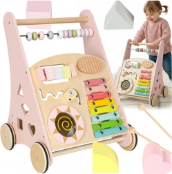Chariot de marche en bois poussoir avec boulier et activités, rose