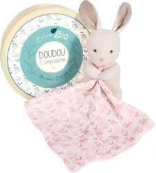 Ensemble cadeau Doudou - Lapin en peluche avec couverture rose en coton BIO